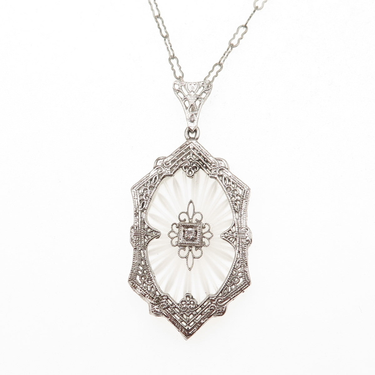925 Sterling Antique Art Deco Rhinestone & Camphor Frosted Glass Necklace 18"