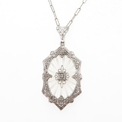 925 Sterling Antique Art Deco Rhinestone & Camphor Frosted Glass Necklace 18"