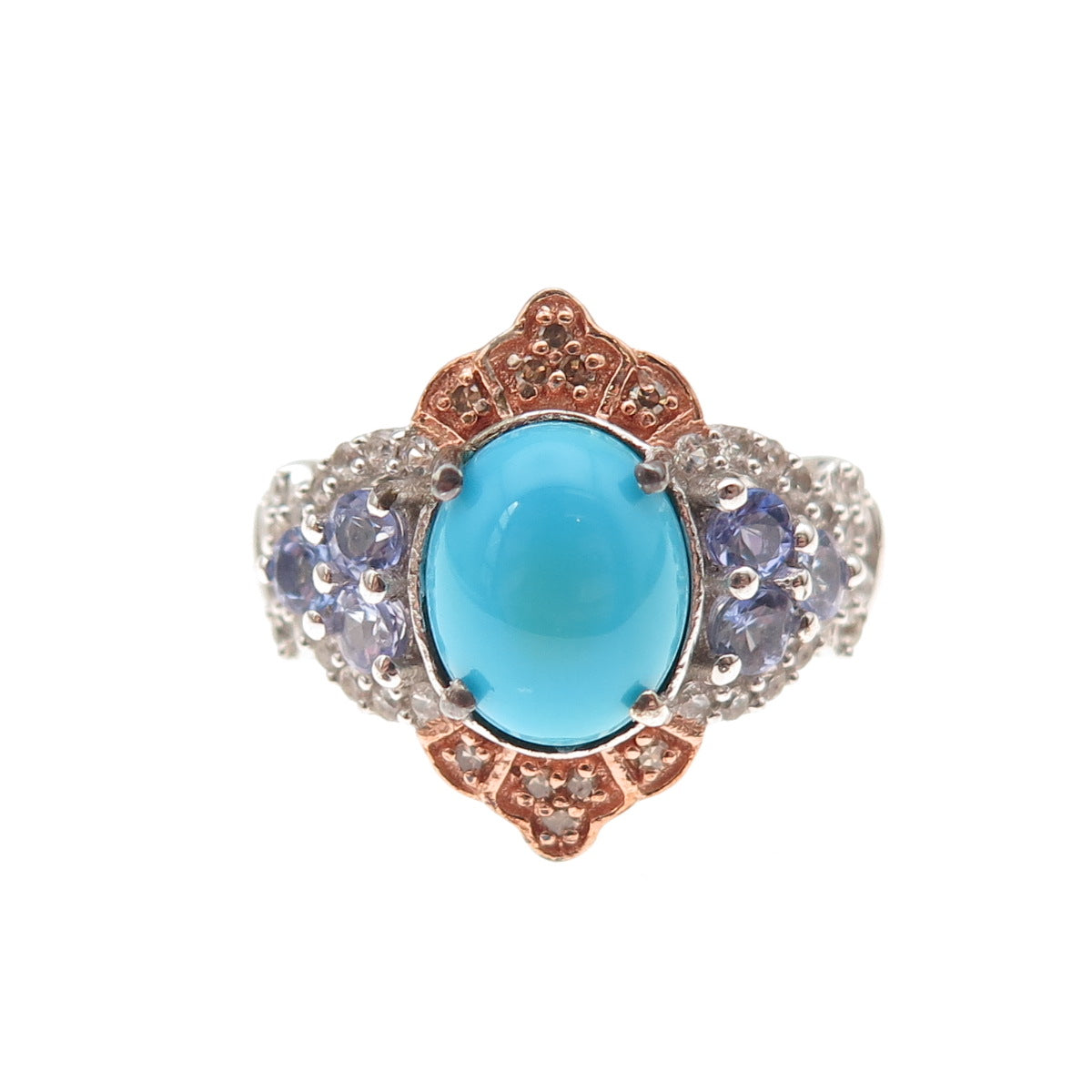 Chuck Clemency 925 Sterling 2-Tone Diamond Turquoise Tanzanite Topaz Ring Size 8