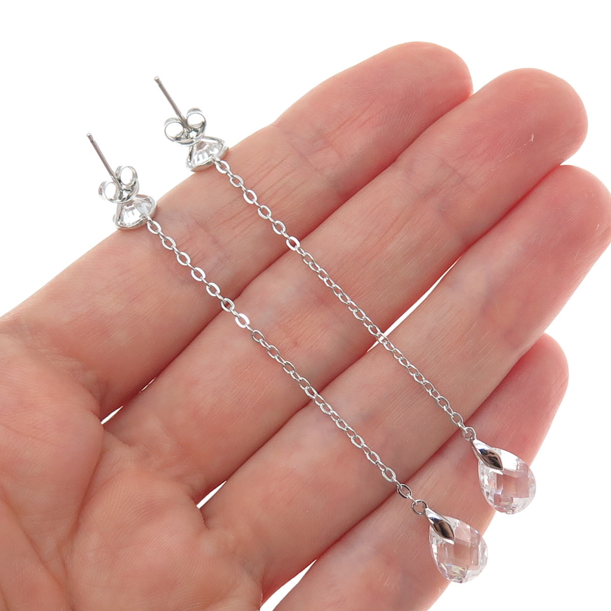 925 Sterling Silver Round & Pear-Cut C Z Chain Drop Dangle Earrings