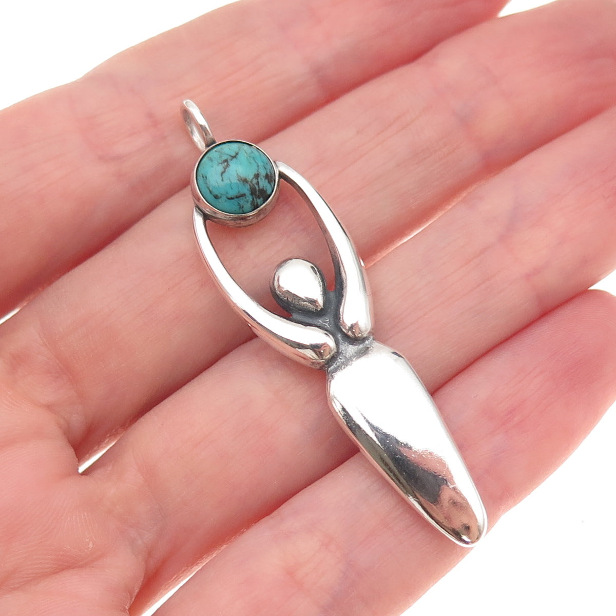 925 Sterling Silver Vintage Real Turquoise Fertility Goddess Charm Pendant