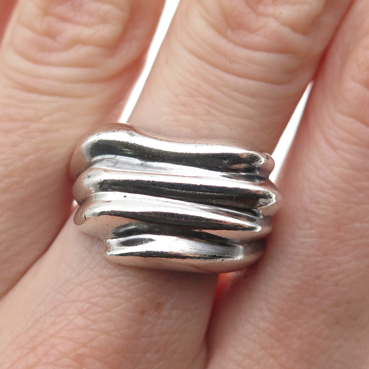 925 Sterling Silver Vintage Mexico Modernist Ribbed Oxidized Ring Size 7