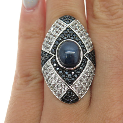 925 Sterling Silver Real Cabochon Sapphire White Topaz Black Spinel Ring Size 6