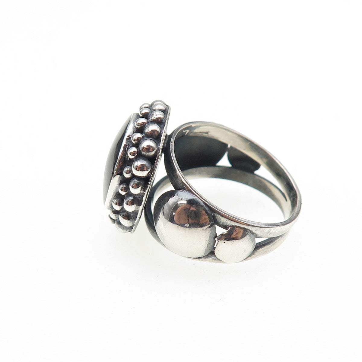 925 Sterling Silver Vintage Real Black Onyx Beaded Oxidized Ring Size 6.5