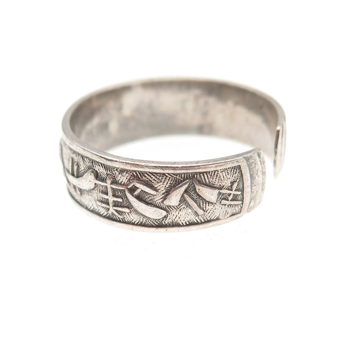 925 Sterling Silver Vintage Japanese Scroll Adjustable Cuff Ring Size 8.75