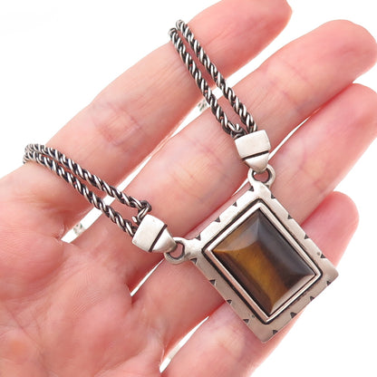 Lisa Jenks 925 Sterling Silver Vintage Real Tiger Eye Modernist Necklace 16"