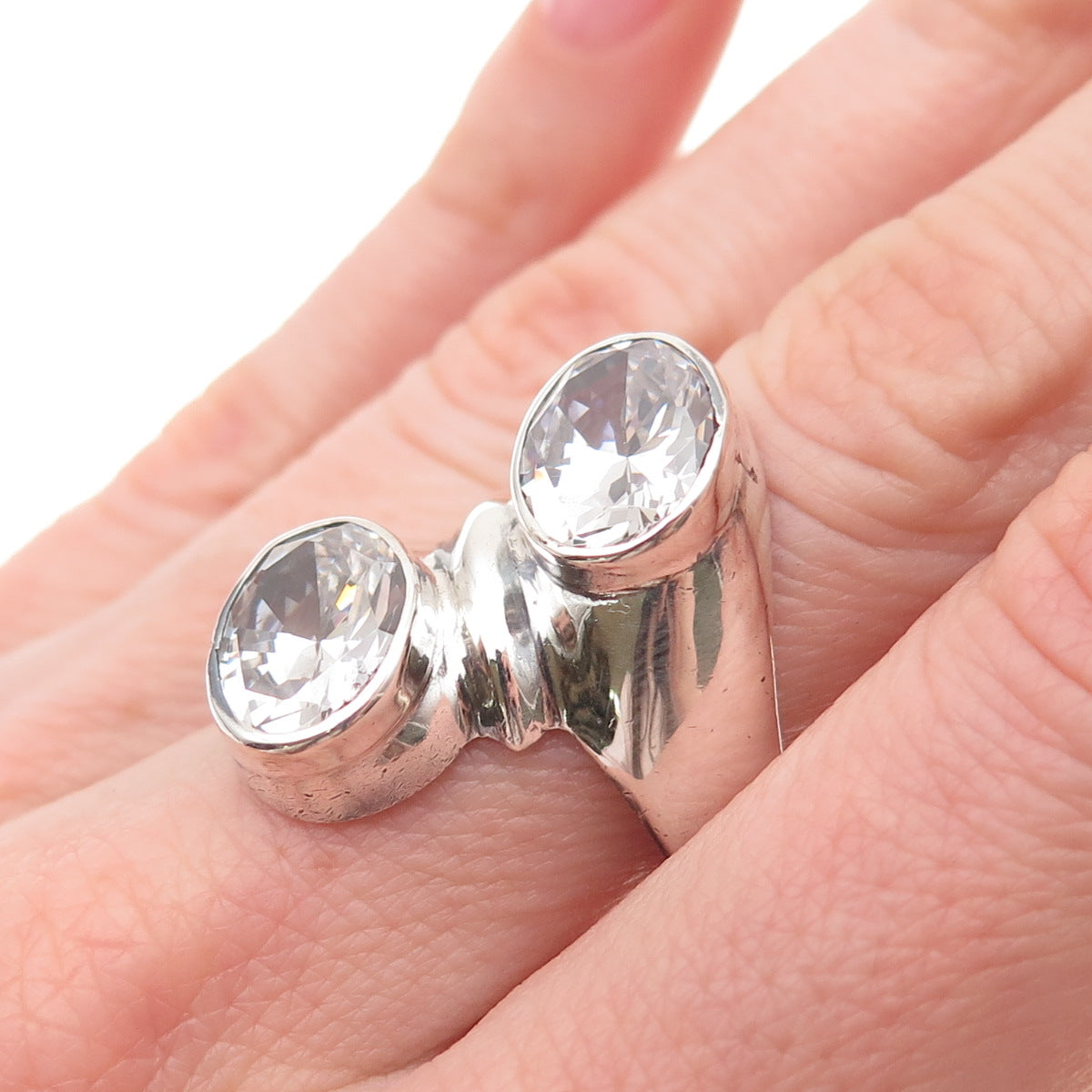 925 Sterling Silver Vintage Mexico Oval-Cut C Z Modernist Bypass Ring Size 8