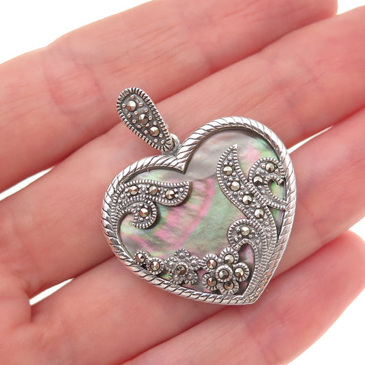 925 Sterling Silver Vintage Real Abalone Shell & Marcasite Heart Pendant