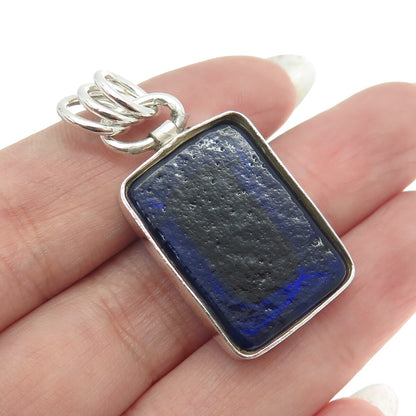 925 Sterling Silver Vintage Blue Glass Modernist Charm Pendant
