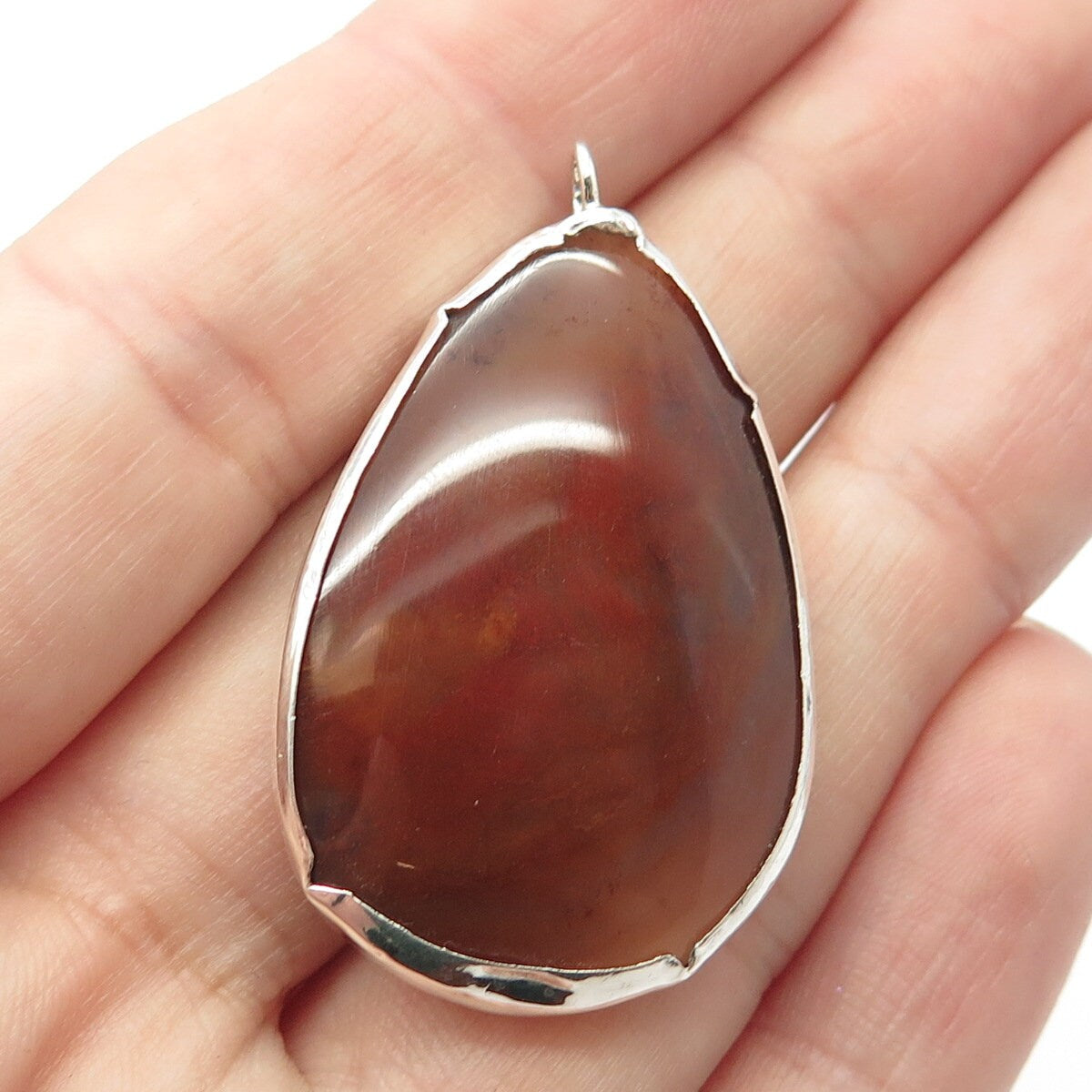 925 Sterling Silver Vintage Real Large Red Agate Gemstone Pendant