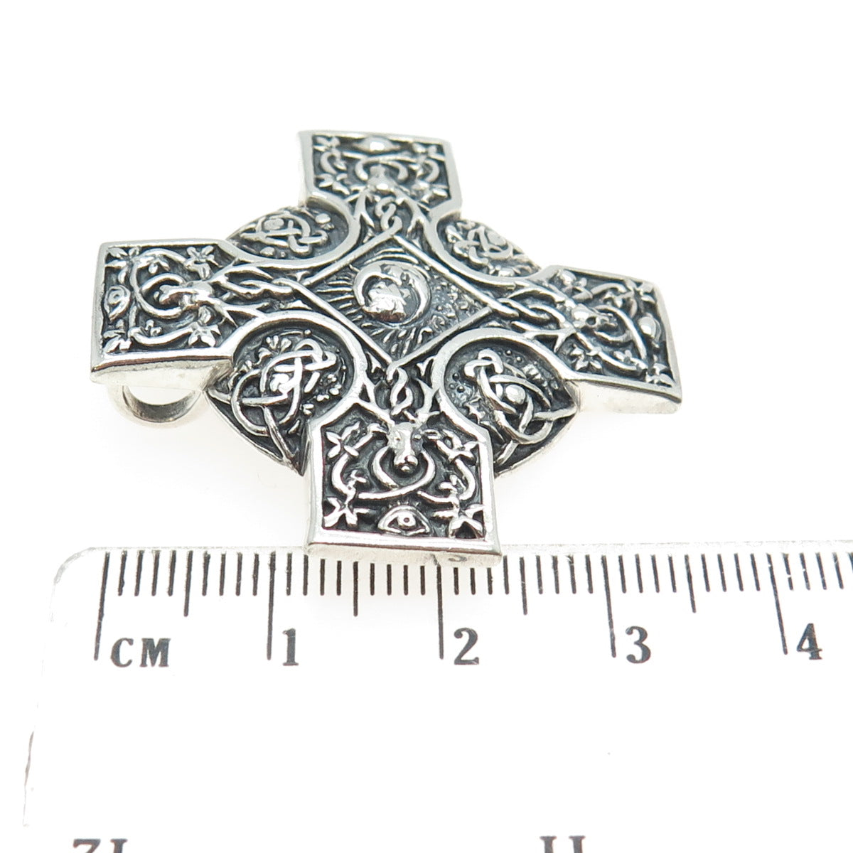 925 Sterling Silver Vintage Deer Moon Runic Cross Oxidized Pendant