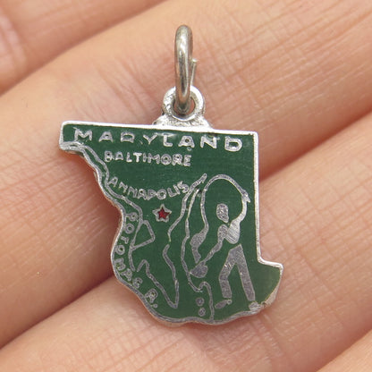 925 Sterling Silver Vintage Enamel Maryland State Map Minimalist Charm Pendant