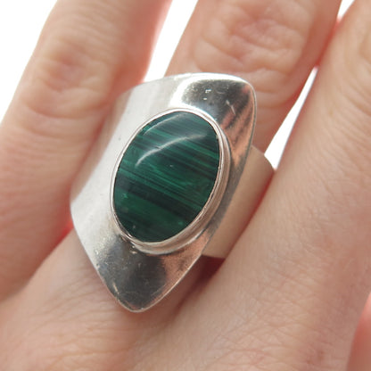 925 Sterling Silver Vintage Real Malachite Gem Modernist Statement Ring Size 6.5