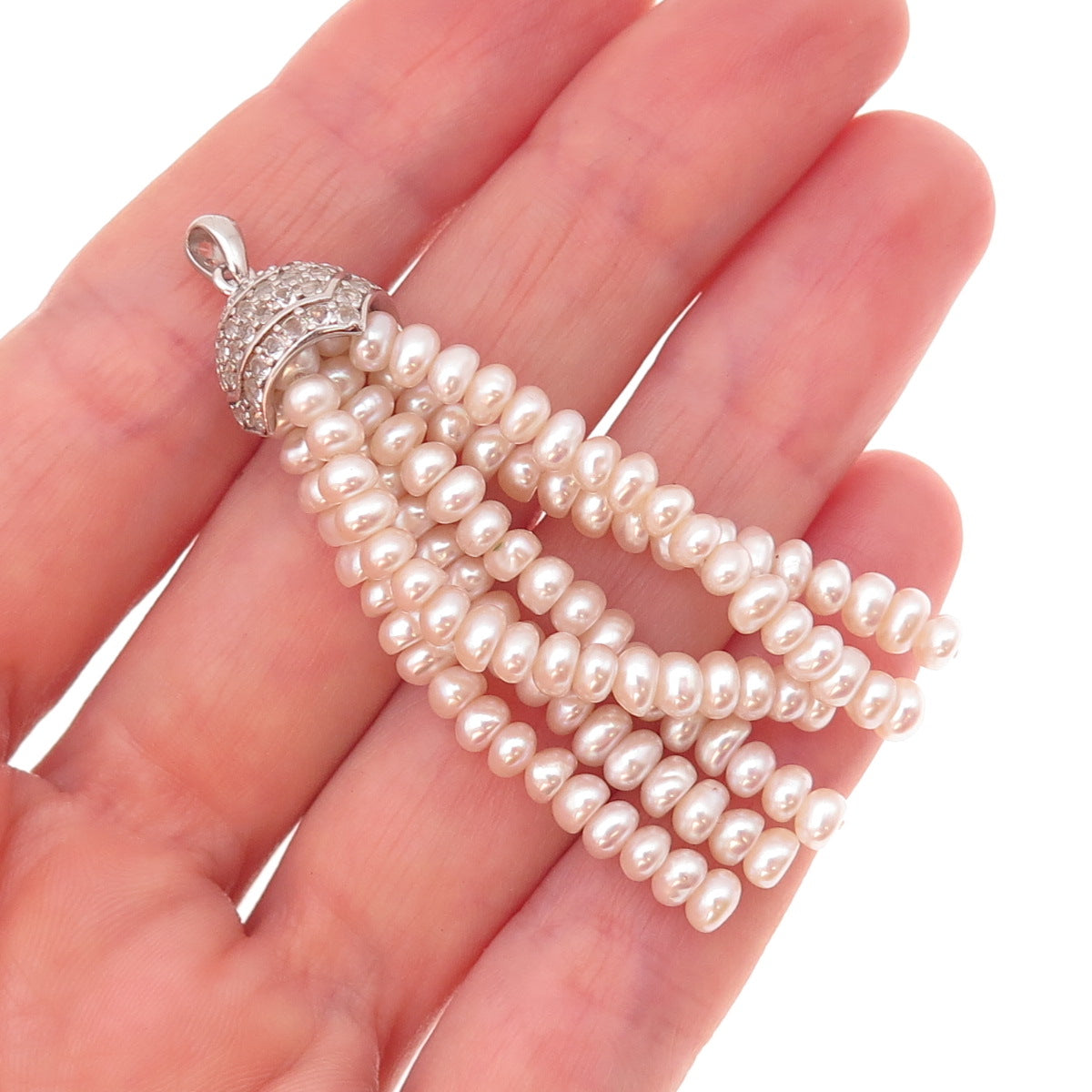 925 Sterling Silver Real Pearl & White Topaz Tassel Charm Pendant