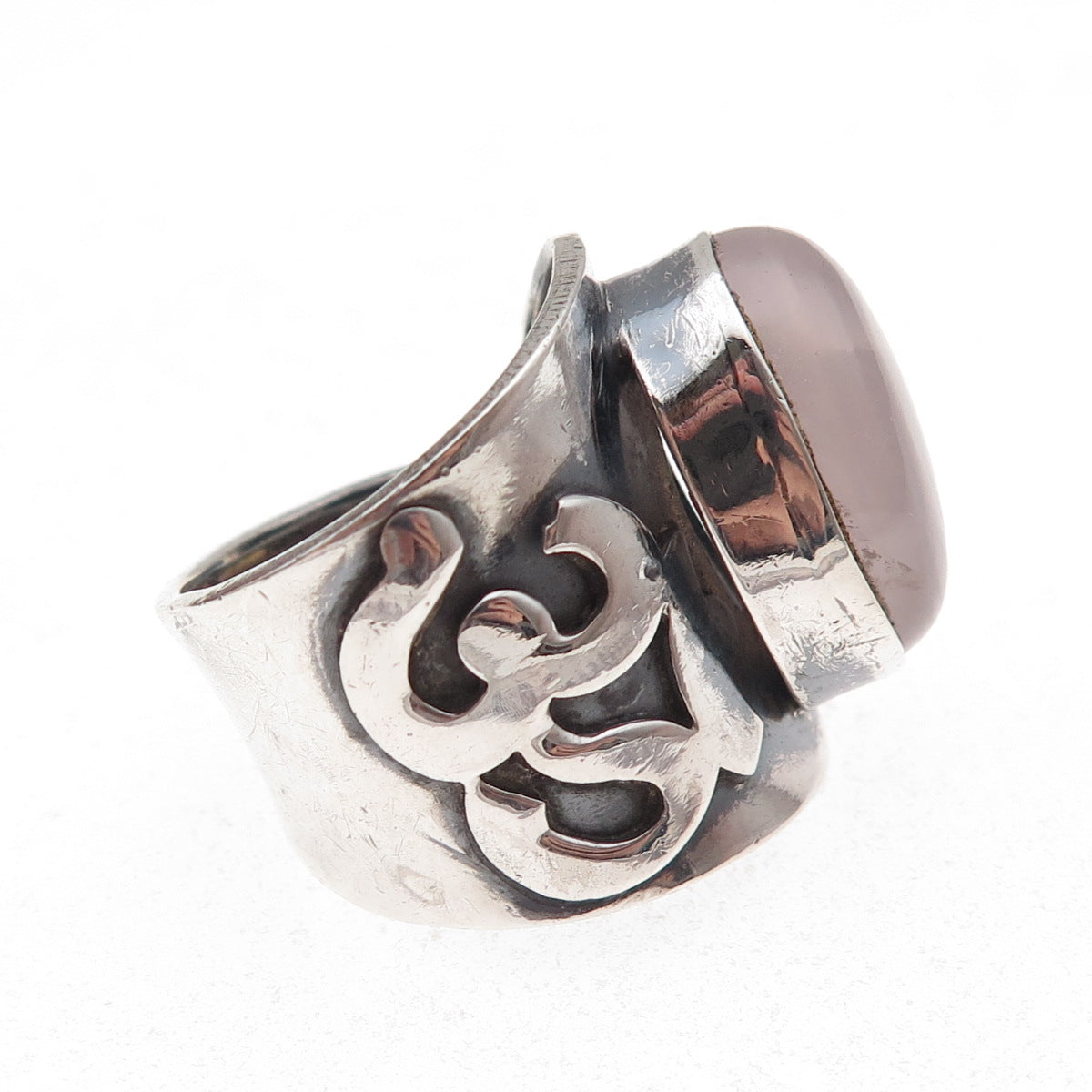 925 Sterling Silver Vintage Real Rose Quartz Om Mantra Adjustable Ring Size 8.5