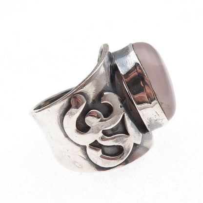 925 Sterling Silver Vintage Real Rose Quartz Om Mantra Adjustable Ring Size 8.5