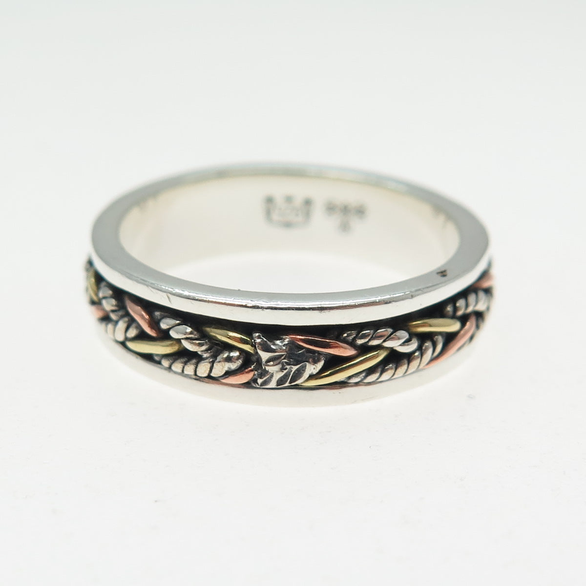 ENERGY STONE 925 Sterling Silver 3-Tone Vintage Braided Spinner Ring Size 7.5