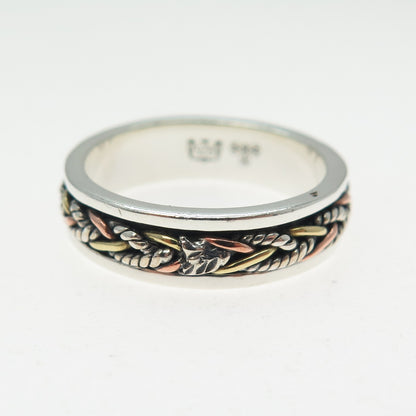 ENERGY STONE 925 Sterling Silver 3-Tone Vintage Braided Spinner Ring Size 7.5