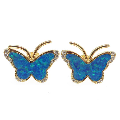 925 Sterling Silver Gold Plated Real Opal Gem Inlay C Z Butterfly Stud Earrings