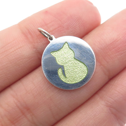 925 Sterling Silver Lime Green Enamel Cat Round Tag Minimalist Charm Pendant