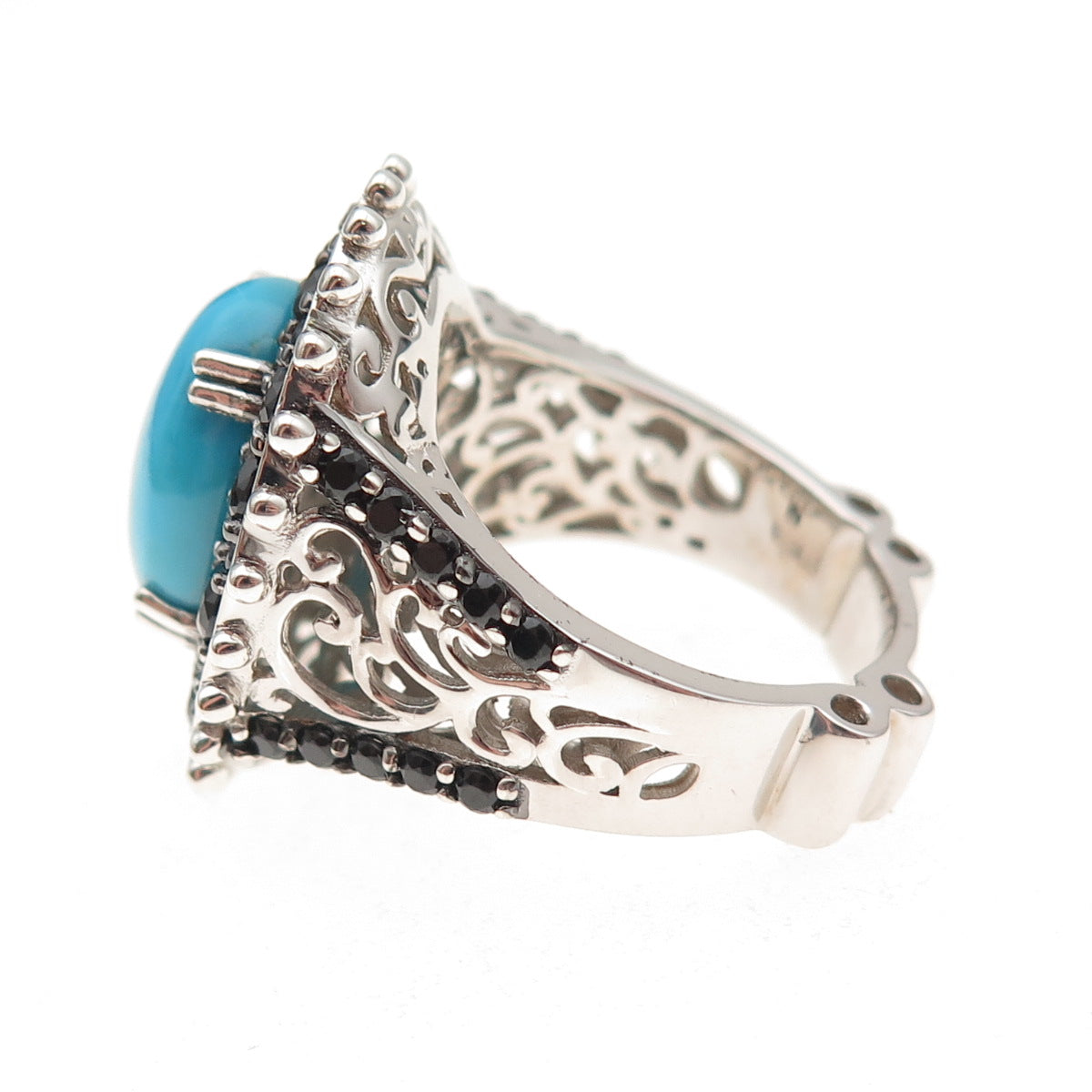 925 Sterling Silver Real Sleeping Beauty Turquoise & Black Spinel Ring Size 8