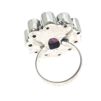 925 Sterling Silver Vintage Real Amethyst Modernist Cluster Ring Size 7.75