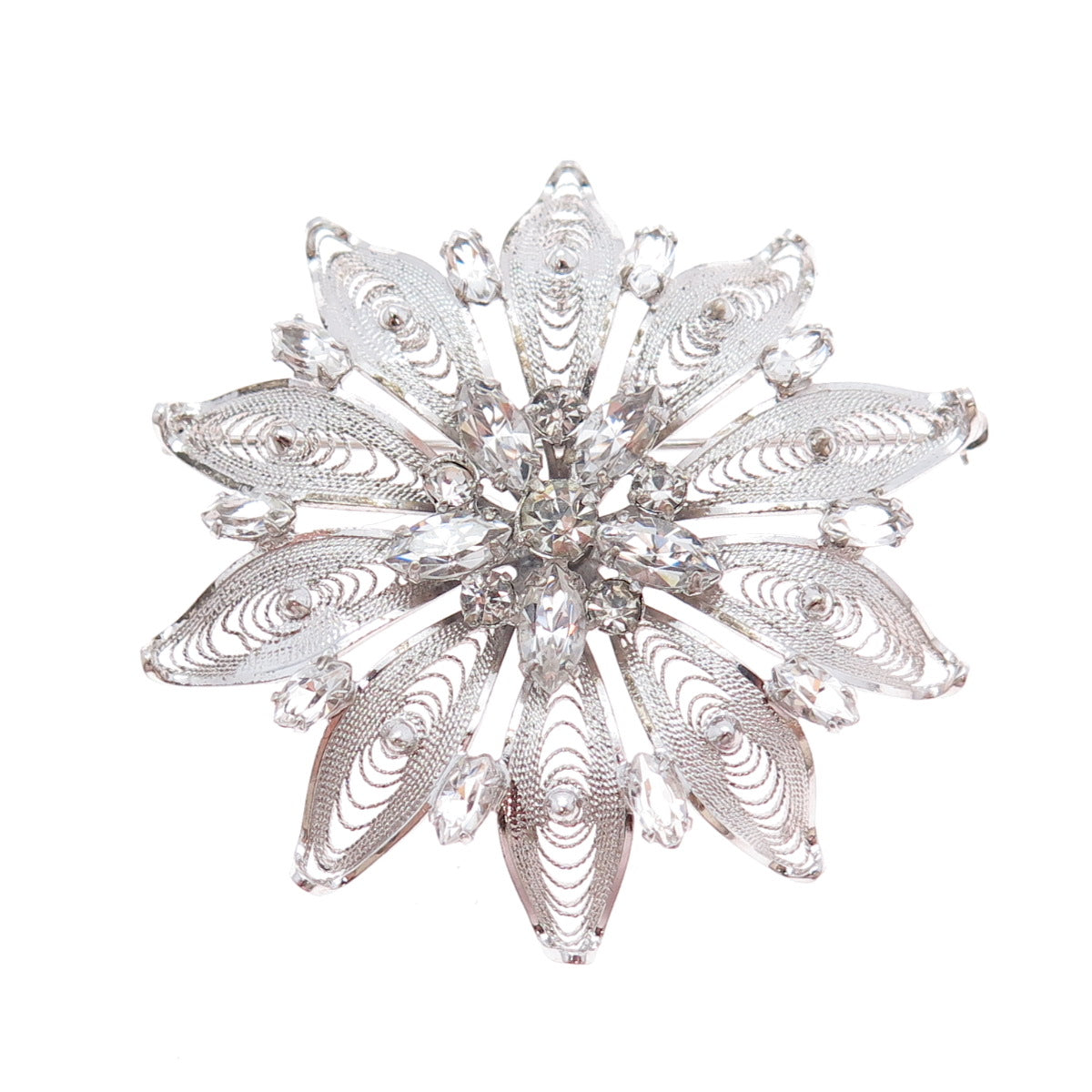 AM LEE Sterling Silver Antique Art Deco Rhinestone Flower Filigree Pin Brooch