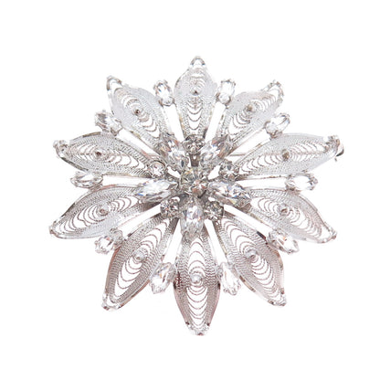 AM LEE Sterling Silver Antique Art Deco Rhinestone Flower Filigree Pin Brooch