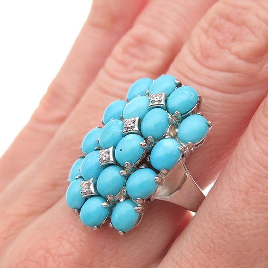 925 Sterling Silver Real Sleeping Beauty Turquoise & White Topaz Ring Size 8