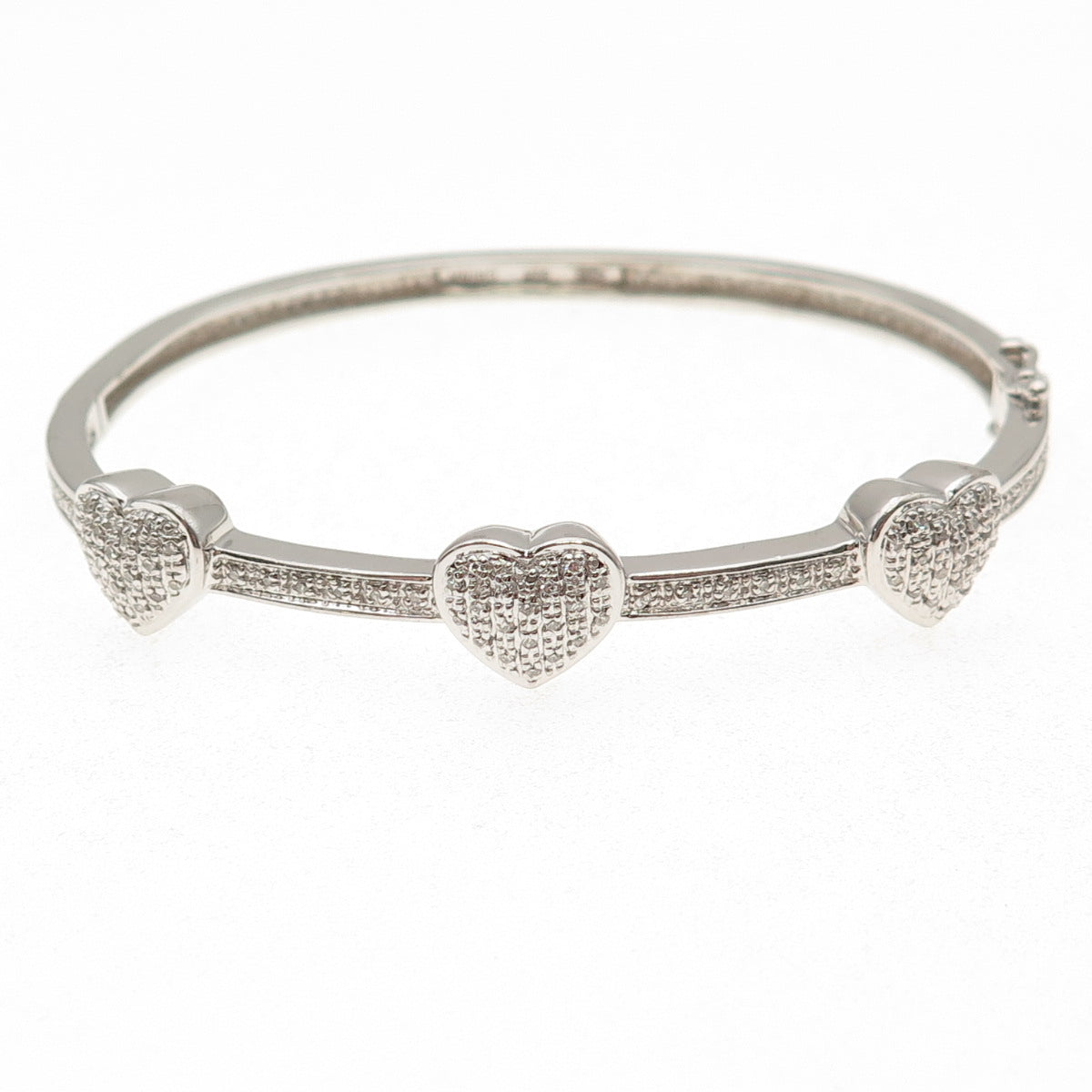 925 Sterling Silver Real Round-Cut Diamond Heart Station Bangle Bracelet 7"