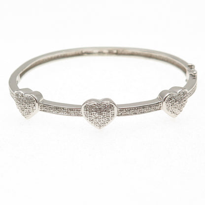 925 Sterling Silver Real Round-Cut Diamond Heart Station Bangle Bracelet 7"