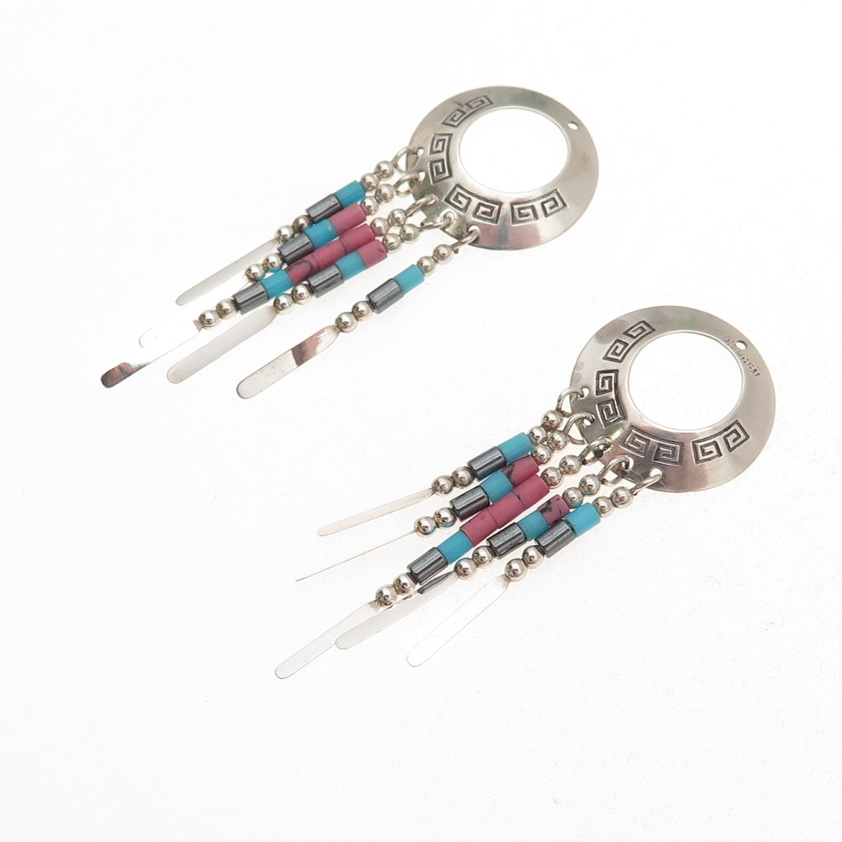 Old Pawn Sterling Silver Vintage Turquoise Hematite & Rhodonite Jacket Earrings