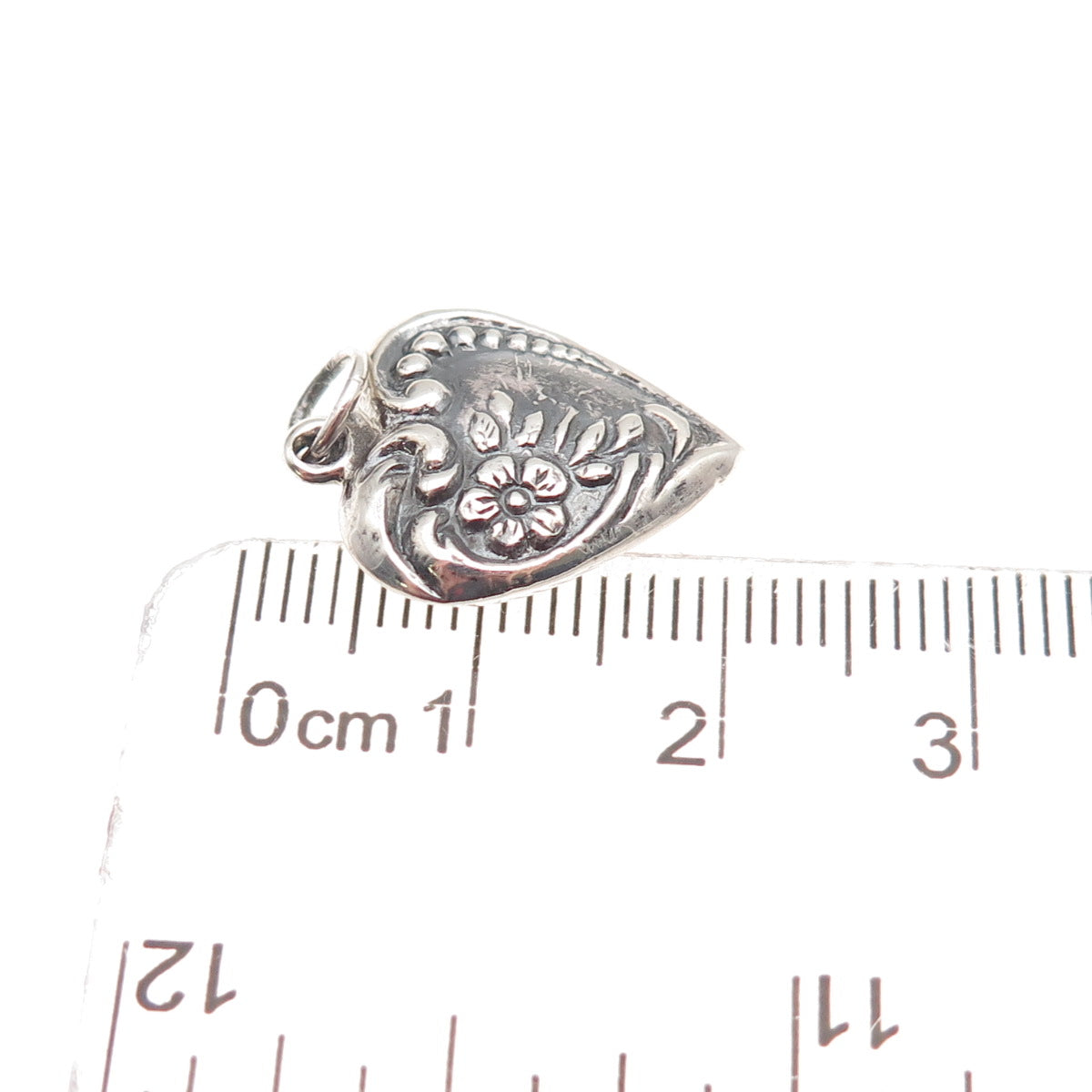 925 Sterling Antique Art Deco Chatelaine Floral Heart Oxidized Charm Pendant