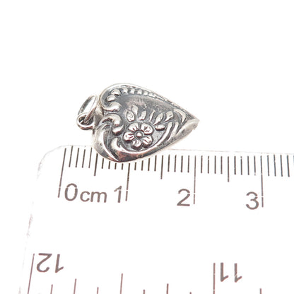 925 Sterling Antique Art Deco Chatelaine Floral Heart Oxidized Charm Pendant