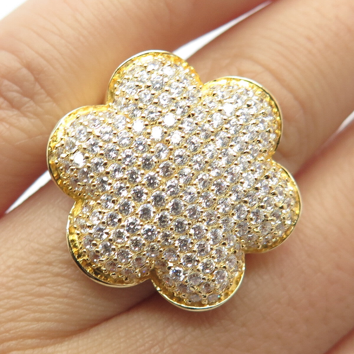 925 Sterling Silver Gold Plated Pave C Z Wide Ring Size 7.25