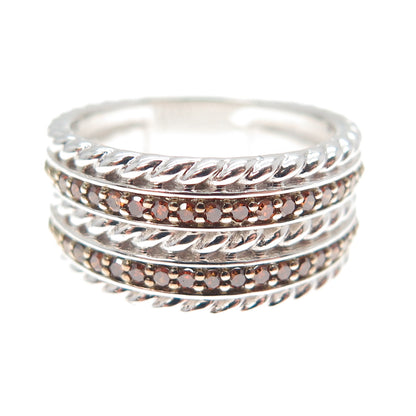 925 Sterling Silver Real Round-Cut Cognac Diamond Multi-Row Ring Size 6.25
