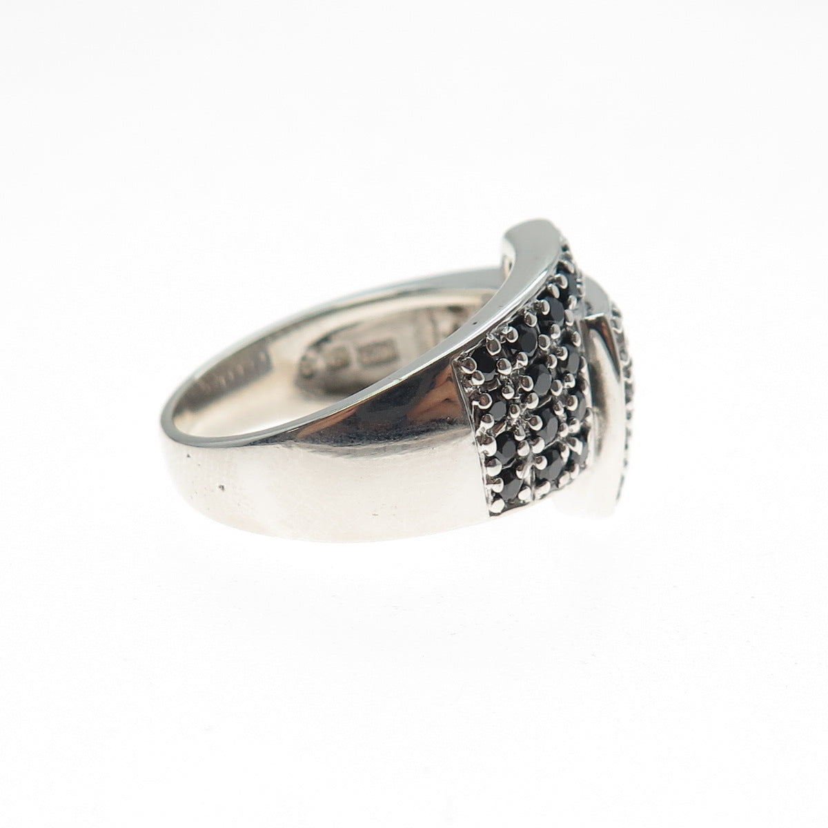 ROSS SIMONS 925 Sterling Silver Real Black Spinel & C Z Overlap Ring Size 8.25