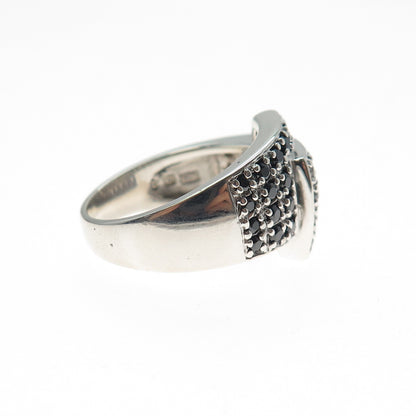 ROSS SIMONS 925 Sterling Silver Real Black Spinel & C Z Overlap Ring Size 8.25
