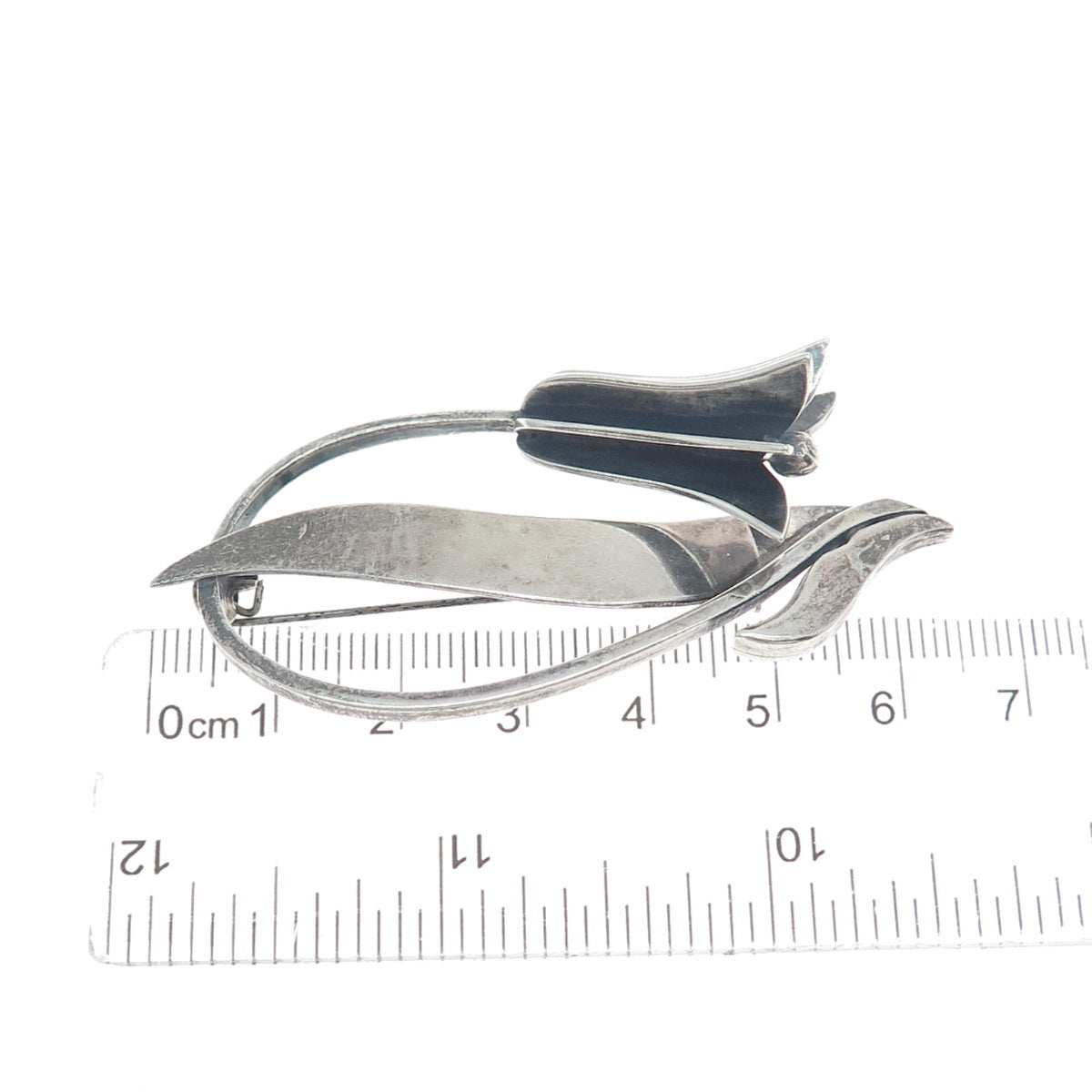 GINA Sterling Silver Vintage Mexico Tulip Flower Modernist Oxidized Pin Brooch