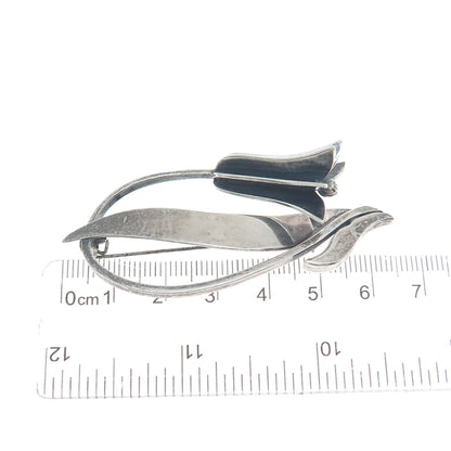 GINA Sterling Silver Vintage Mexico Tulip Flower Modernist Oxidized Pin Brooch