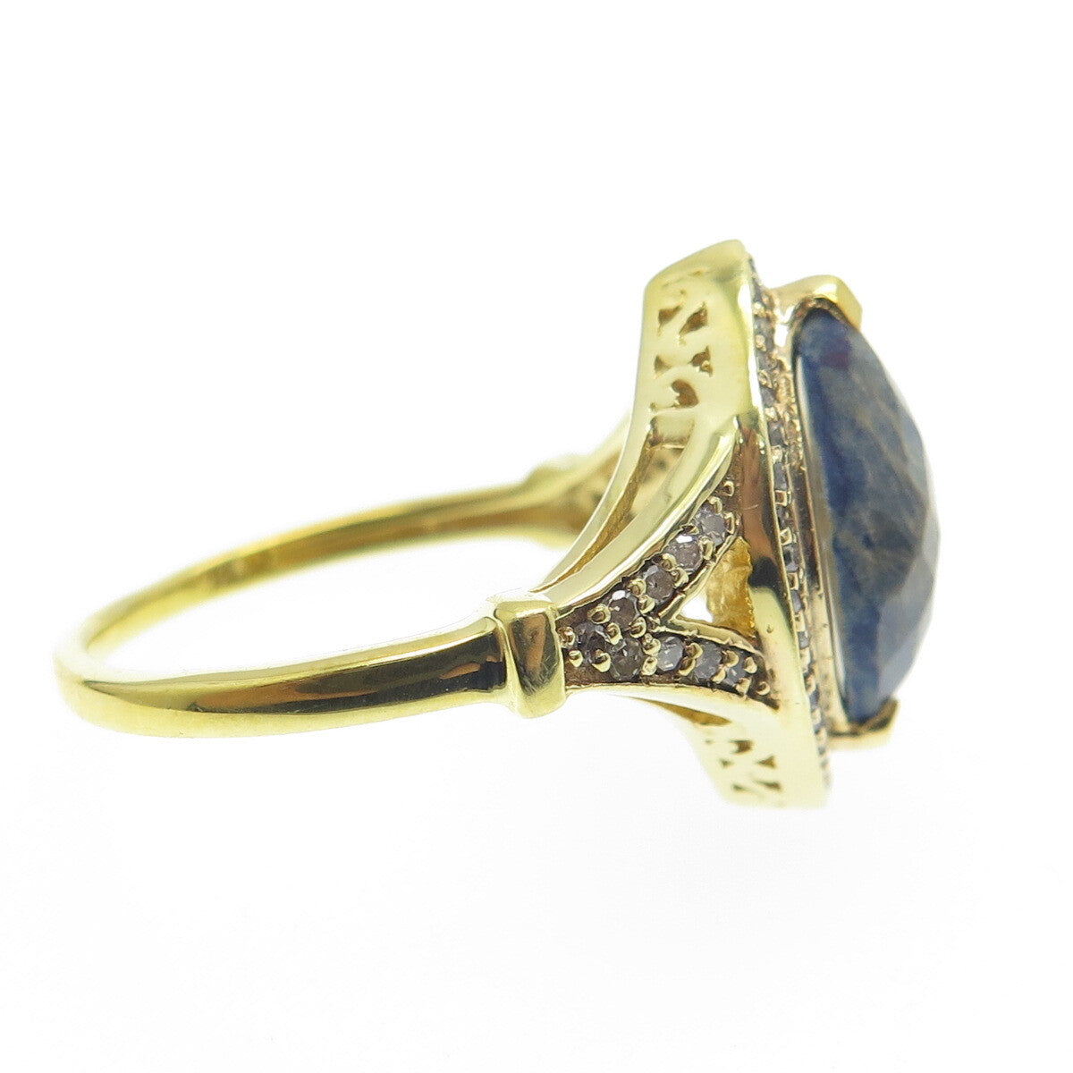 925 Sterling Silver Gold Plated Real Diamond & Picture Sapphire Gem Ring Size 8