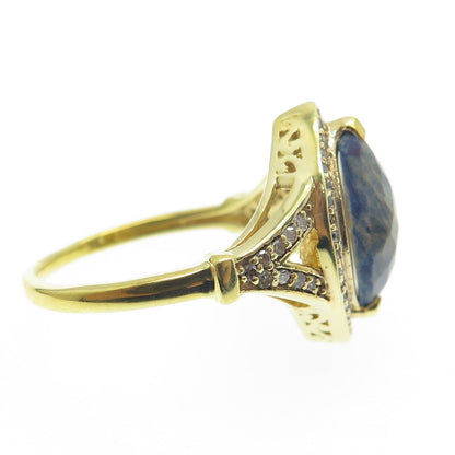 925 Sterling Silver Gold Plated Real Diamond & Picture Sapphire Gem Ring Size 8