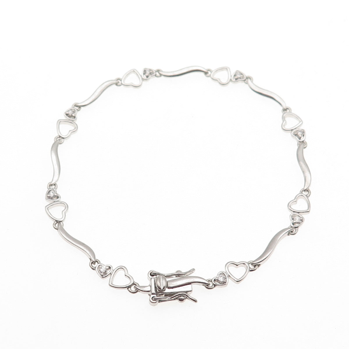 Ross Simons 925 Sterling Silver Round-Cut C Z Heart Wavy Bar Link Bracelet 7.25"