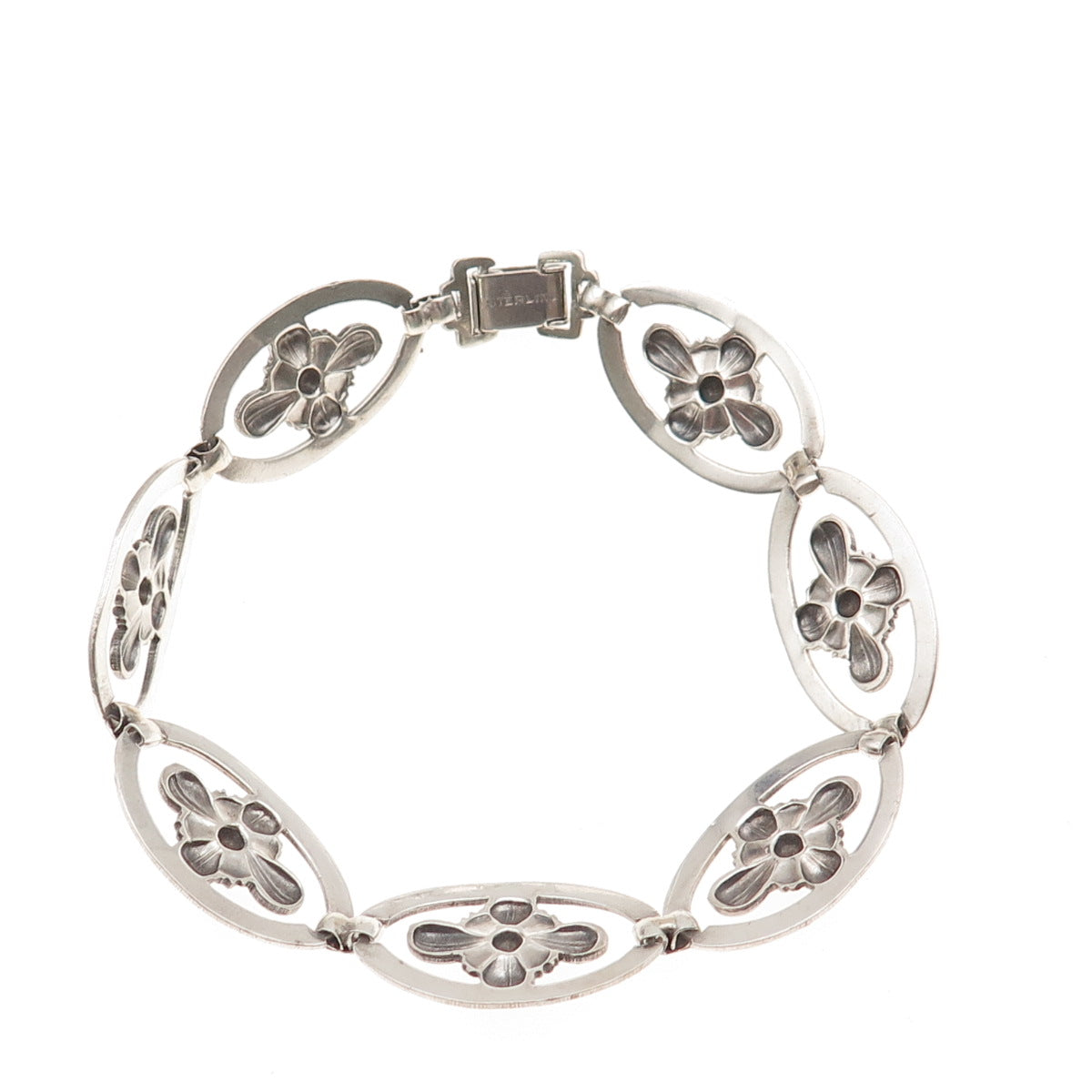 925 Sterling Silver Antique Art Deco Floral Oxidized Bracelet 7.25"