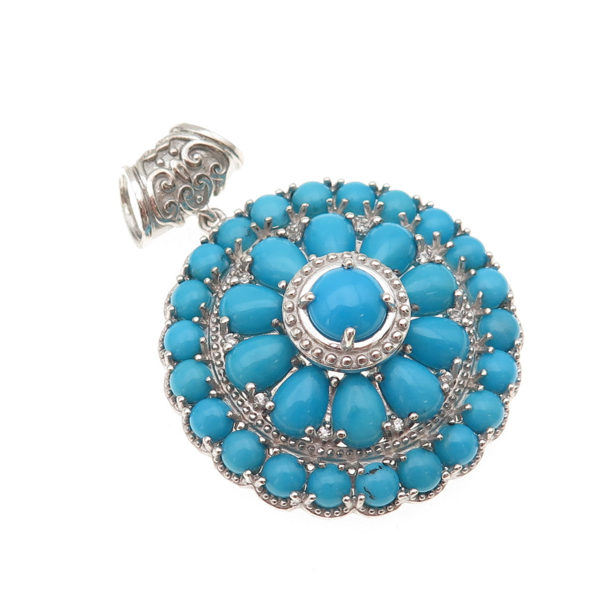 D'Joy 925 Sterling Silver Real Sleeping Beauty Turquoise & White Topaz Pendant