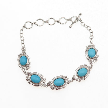 925 Sterling Silver Real Tyrone Turquoise Floral Bracelet 6.75-7.75"