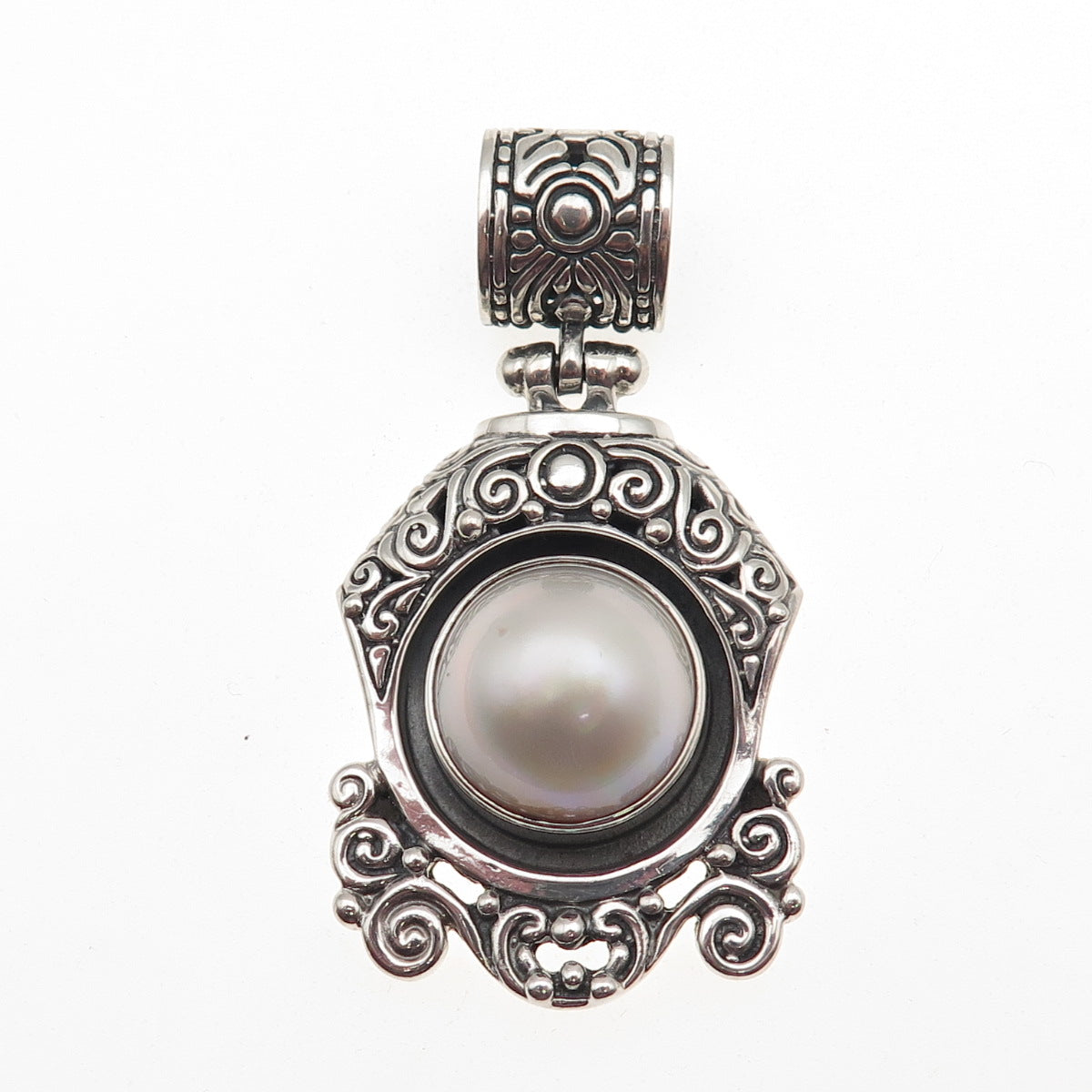 NK SILVER 925 Sterling Vintage Real Pearl Swirl Oxidized Pendant