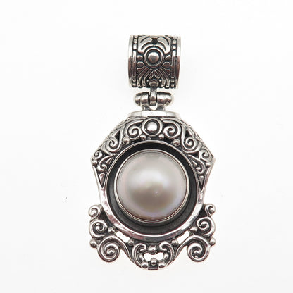 NK SILVER 925 Sterling Vintage Real Pearl Swirl Oxidized Pendant