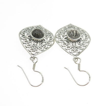 925 Sterling Silver Vintage Real Rutilated Quartz Floral Ornate Dangle Earrings