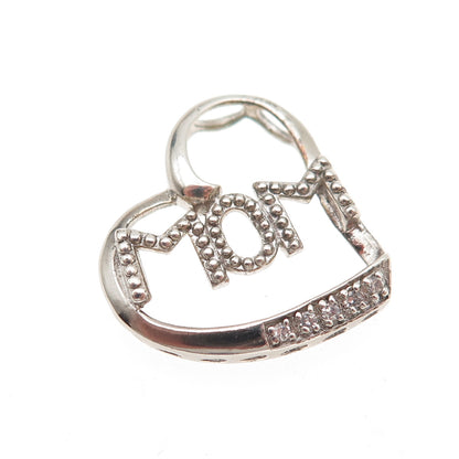 925 Sterling Silver Real Round-Cut Diamond Mom Heart Mini Slide Charm Pendant